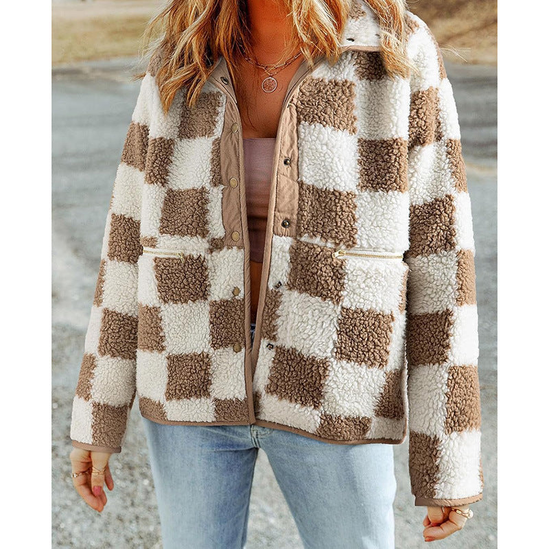 Ladies Cozy Wool Jacket with Modern Square Patterns Lune London