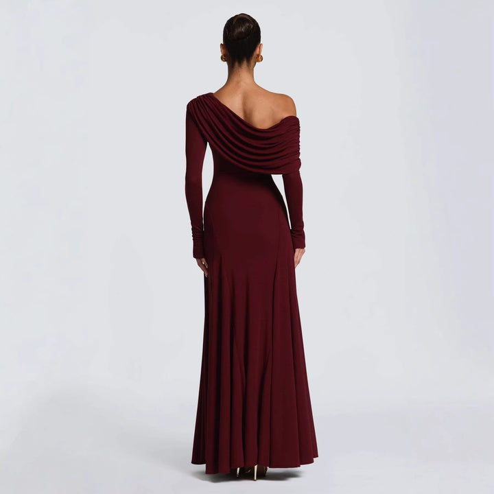 Women Elegant Long Sleeve Maxi Dress with Asymmetrical Draping Detail Lune London