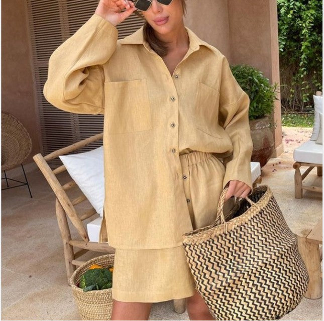 Casual button-up blouse for women and elastic waist shorts set Lune London