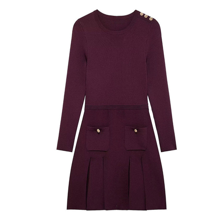 Knitted dress for ladies with decorative button details and practical pockets Lune London