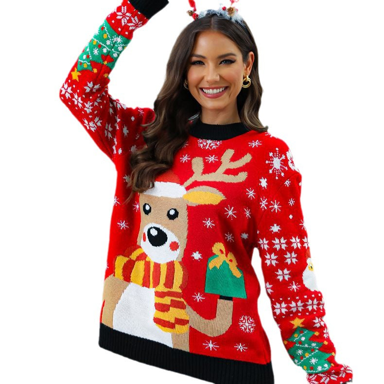 Christmas Knit Sweater for Women with Festive Reindeer Design and Detailed Colorful Patterns Lune London