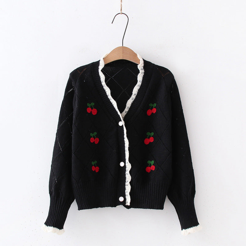 Ladies thick knitted cardigan with decorative cherry pattern Lune London