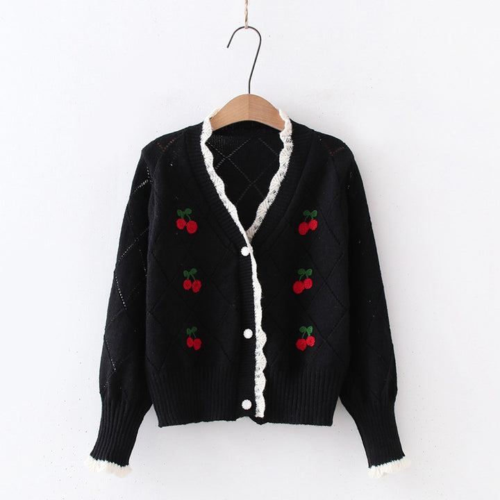 Ladies thick knitted cardigan with decorative cherry pattern Lune London