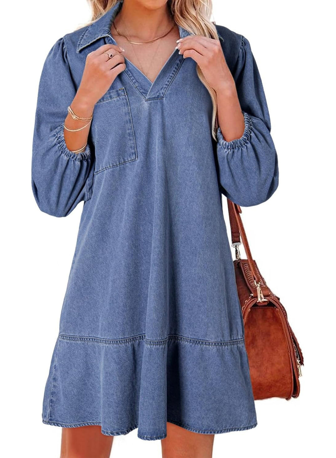 Denim dress for women with voluminous sleeves and a side pocket Lune London