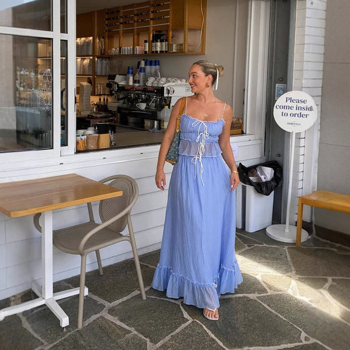 Chic & Style Adjustable Neckline Women's Airy Maxi Dress with Ruffle Details