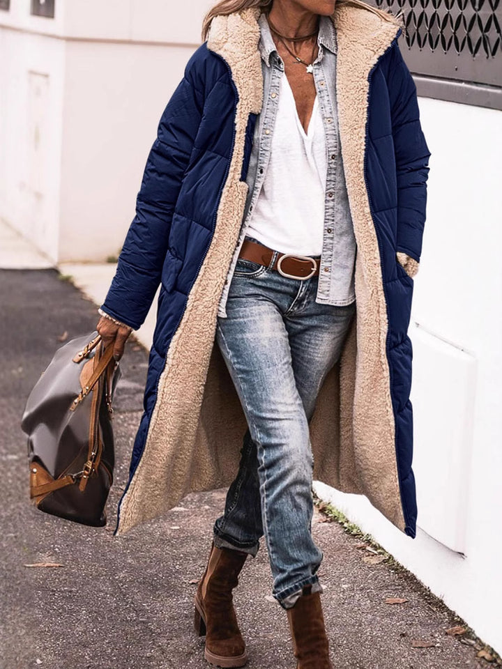 Ladies long down jacket with cozy teddy lining and large collar Lune London
