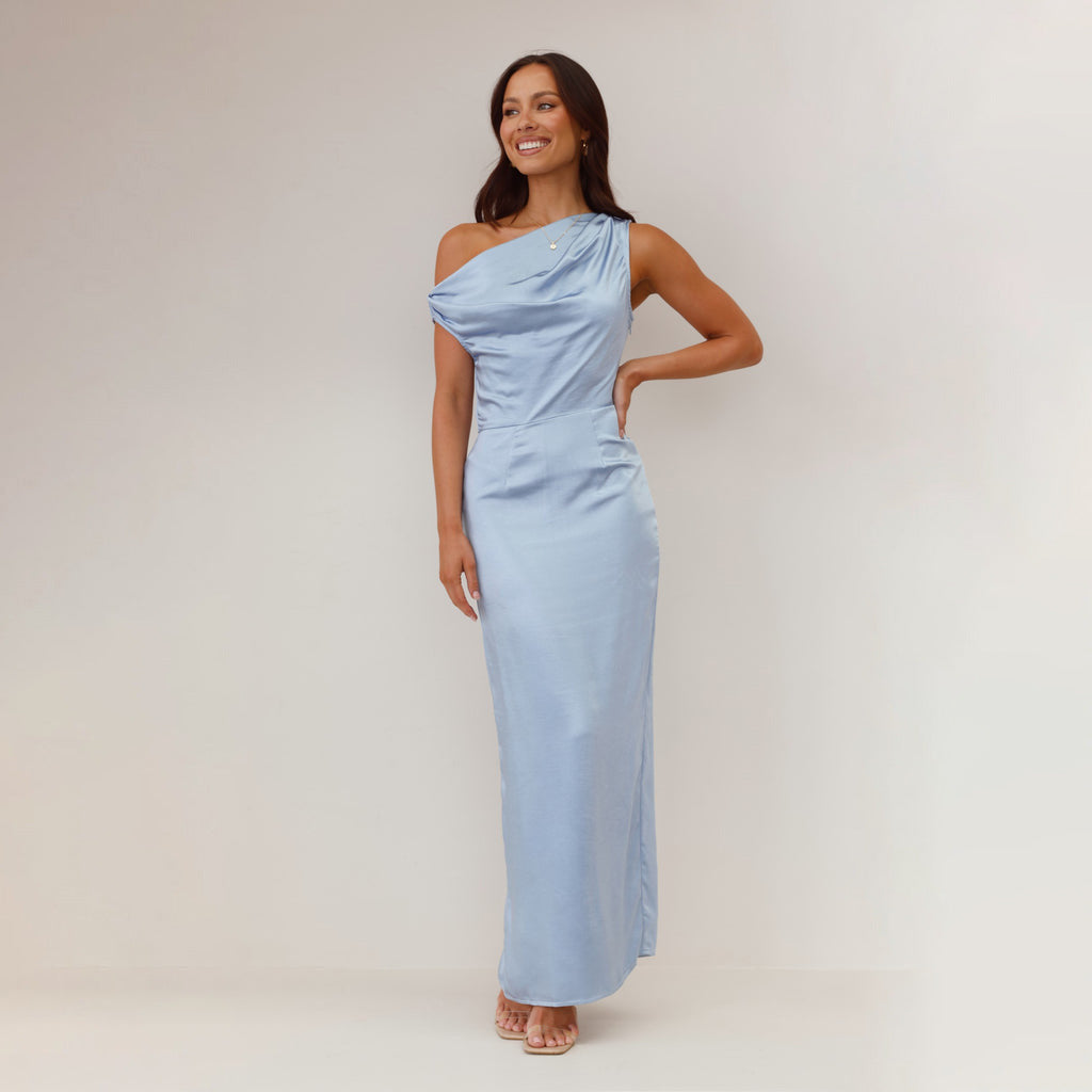 Women's Elegant Maxi Dress with Asymmetrical Cut and Decorative Draped Design