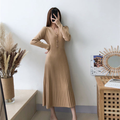 Knitted dress for women with V-neck and button details Lune London