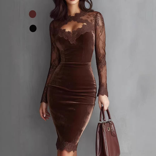 Ladies Elegant Velvet Dress with Lace Inserts and Tailored Cut Lune London