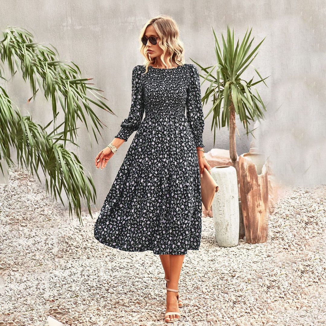 Women Floral Midi Dress with Gathered Waist and Long Sleeves Lune London