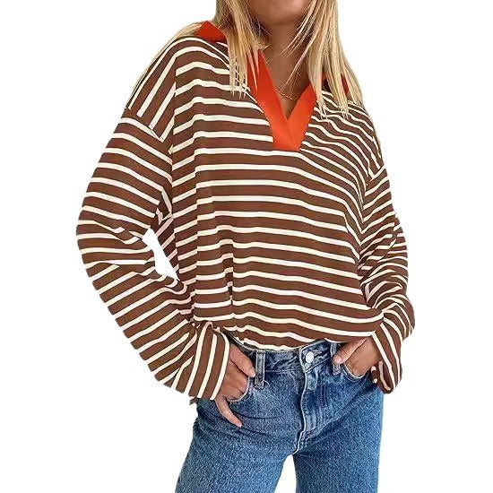 Casual striped summer sweater for women with V-neck and long sleeves Lune London