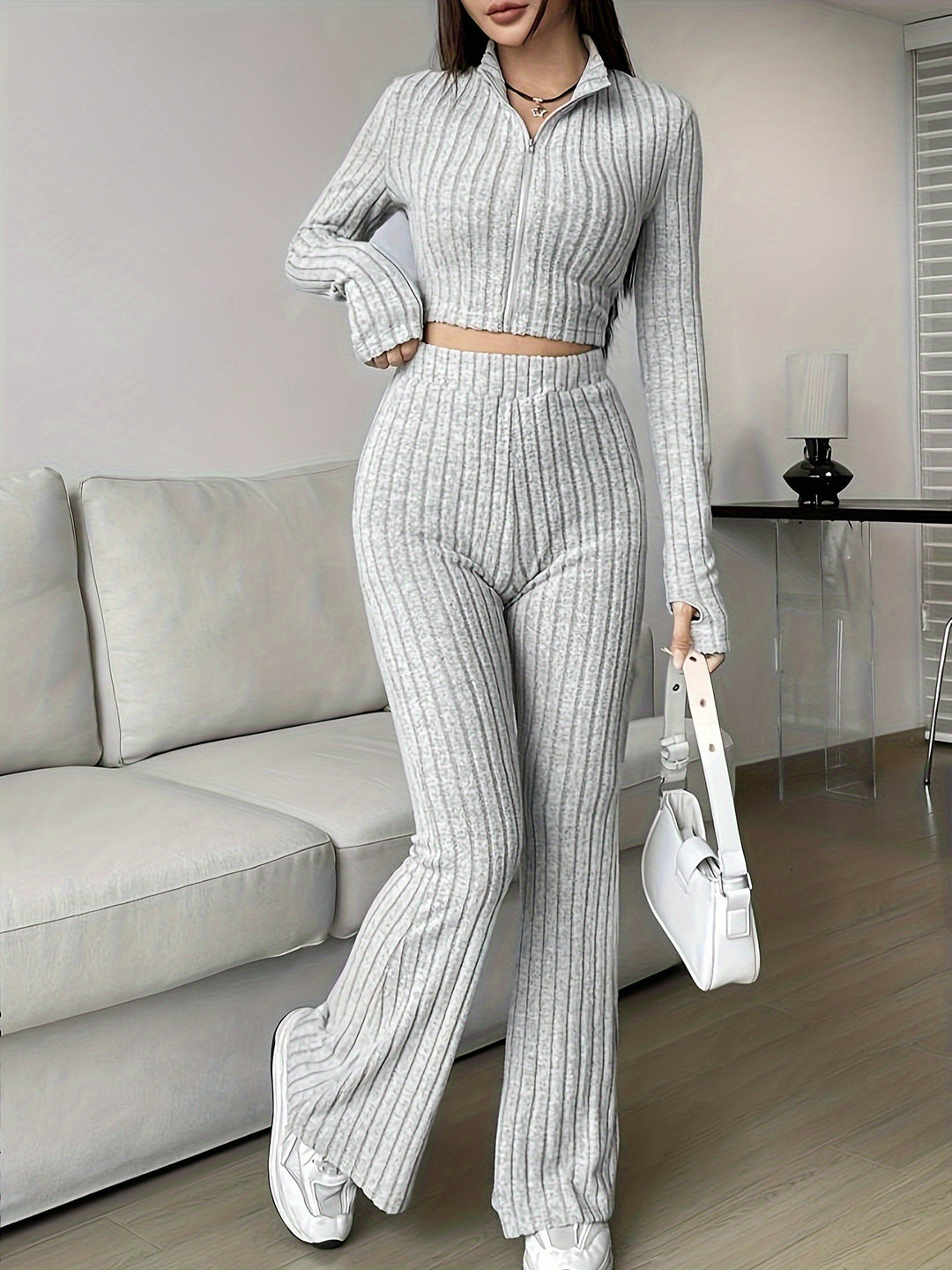 Modern knit set for ladies with cropped top and wide pants Lune London