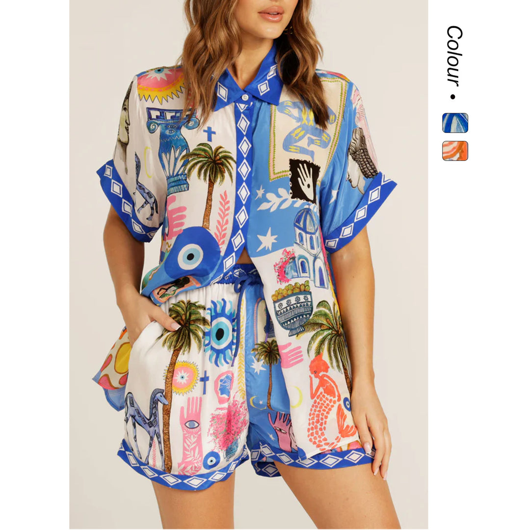 Women's set made of lightweight, printed short-sleeve shirt and shorts with colorful design Lune London