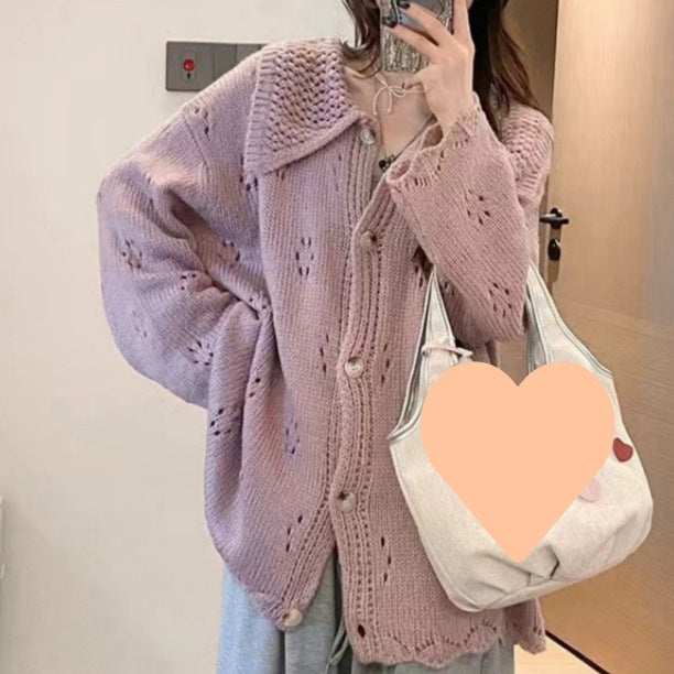 Knit jacket for women with eyelet floral pattern and large collar Lune London