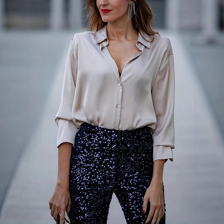 Ladies elegant silk blouse with minimalist button details Lune London