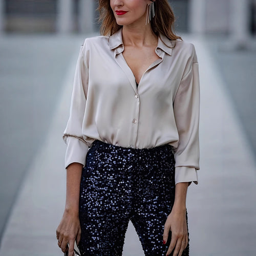 Ladies elegant silk blouse with minimalist button details Lune London