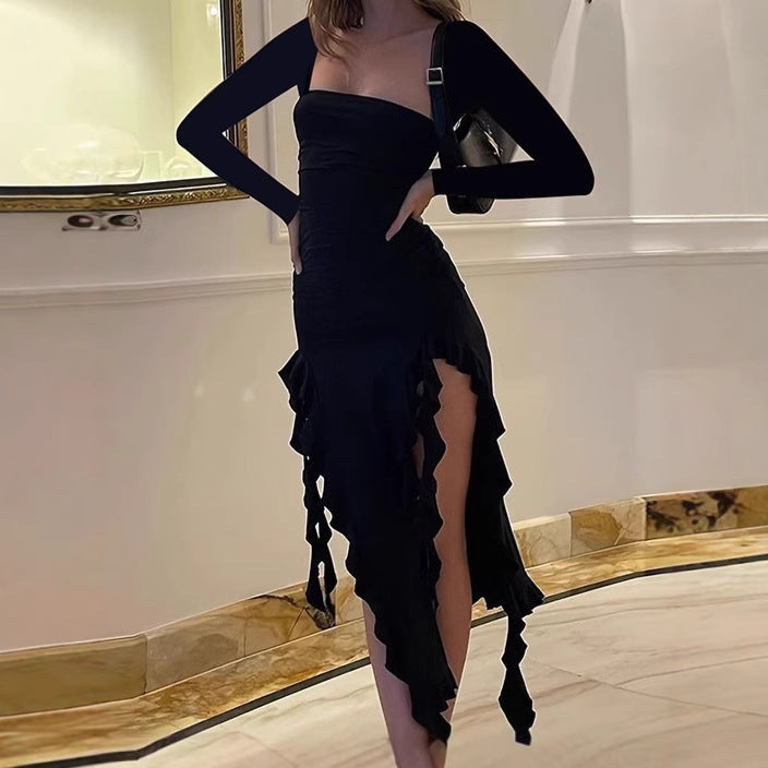 Elegant and sculpting evening dress for women with ruffles and matching top Lune London