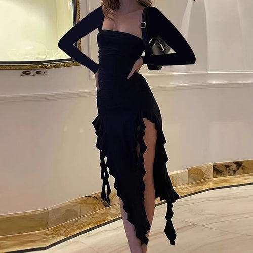 Elegant and sculpting evening dress for women with ruffles and matching top Lune London