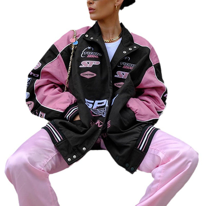 Oversized sporty college jacket for women with trendy appliqués Lune London