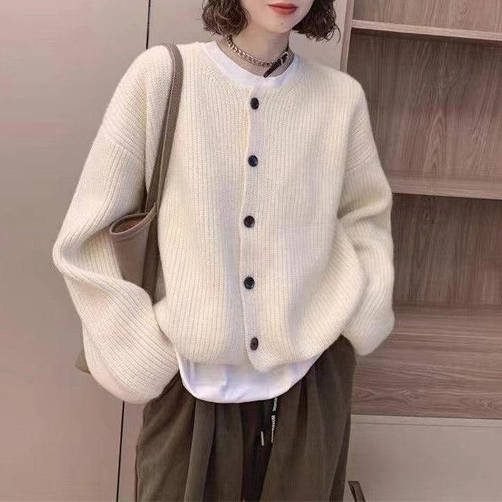 Casual knit jacket for women with open front buttons and balloon sleeves Lune London