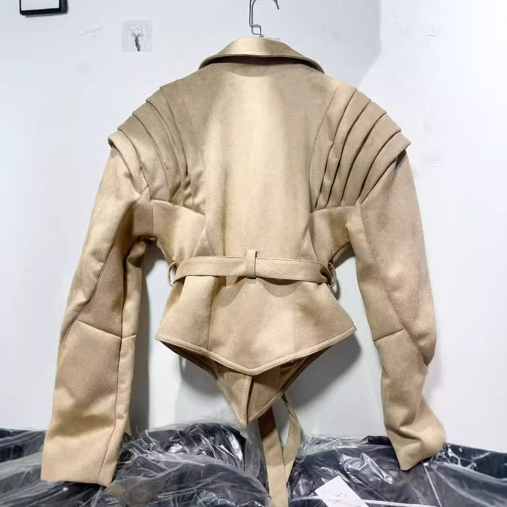 Elegant synthetic leather jacket for women with ruffle details and practical pockets Lune London