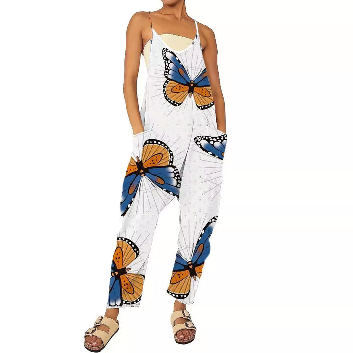Lady jumpsuit with colorful butterfly pattern and practical pockets Lune London