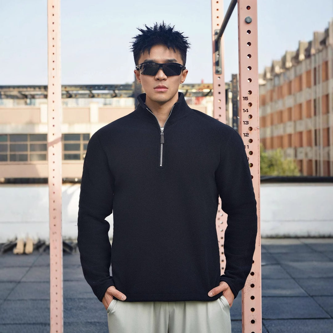 Men's fleece sweater with modern high collar and attractive zip closure details Lune London
