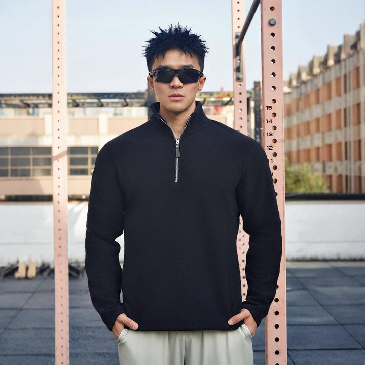Men's fleece sweater with modern high collar and attractive zip closure details Lune London