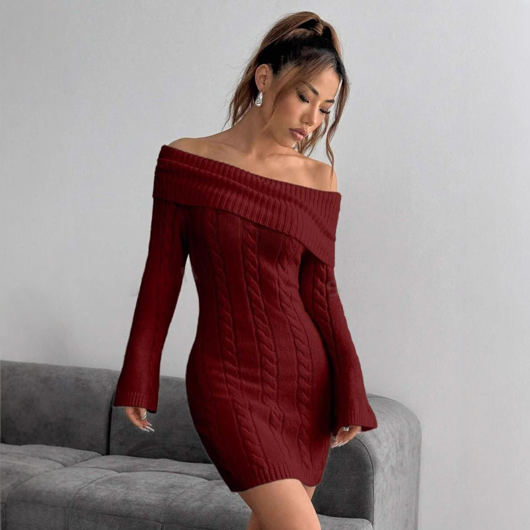 Women's Fitted Knitted Dress with Wide Neckline Lune London