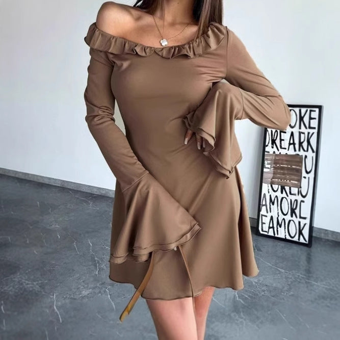 Off-shoulder mini dress for women with ruffle details and long sleeves Lune London