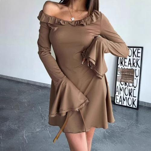Off-shoulder mini dress for women with ruffle details and long sleeves Lune London
