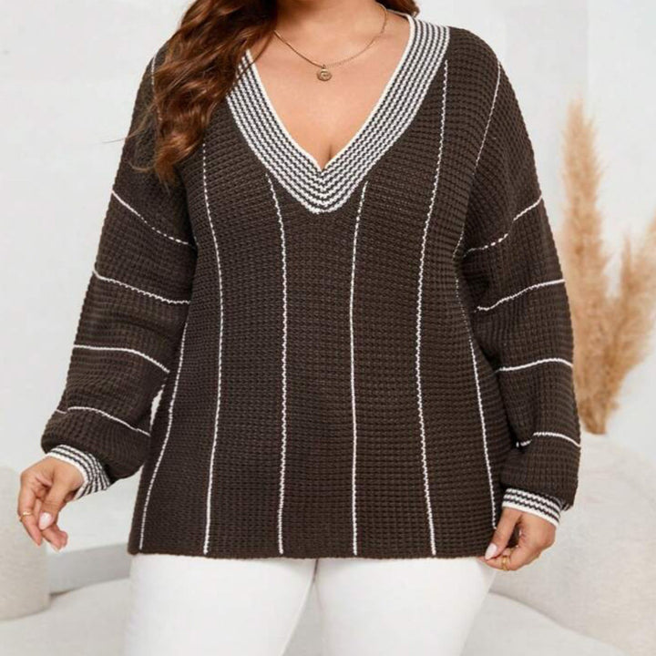 Thick knitted sweater for women with an elegant V-neck and a trendy striped pattern Lune London
