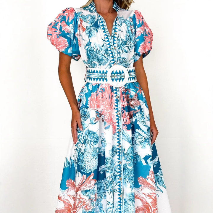 Elegant maxi dress for women with floral patterns and voluminous sleeves Chic & Stil