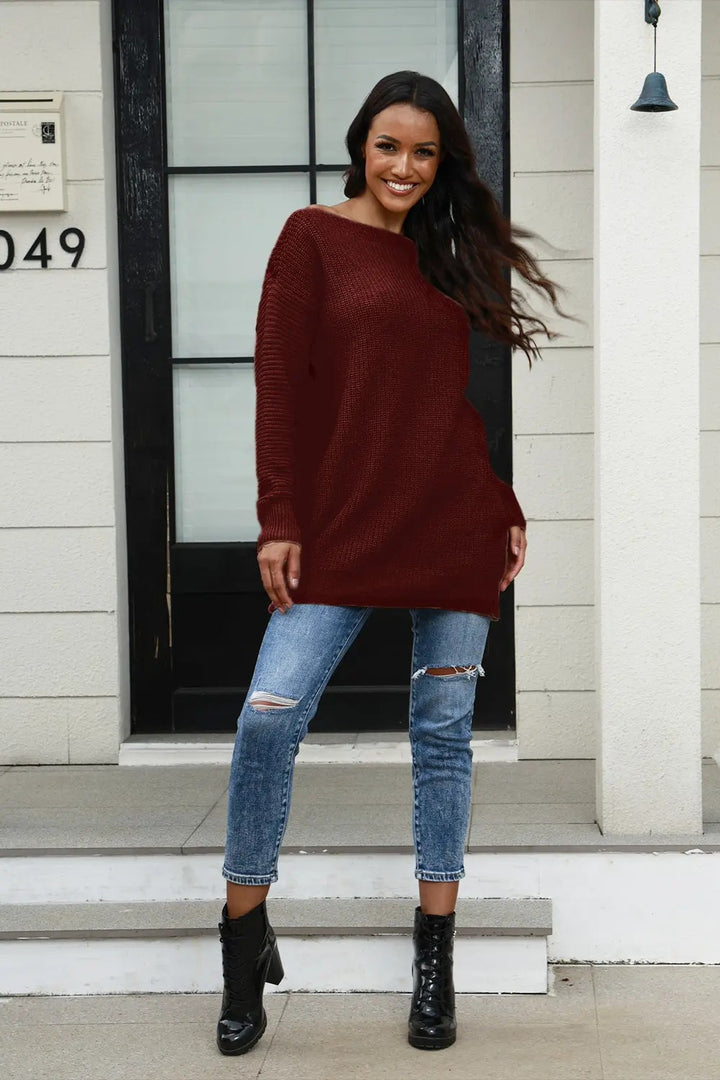 Casual knitted sweater for women with wide neckline and ribbed structure Lune London