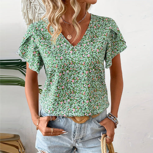 Women's V-Neck Blouse with Floral Pattern and Ruffle Details Lune London