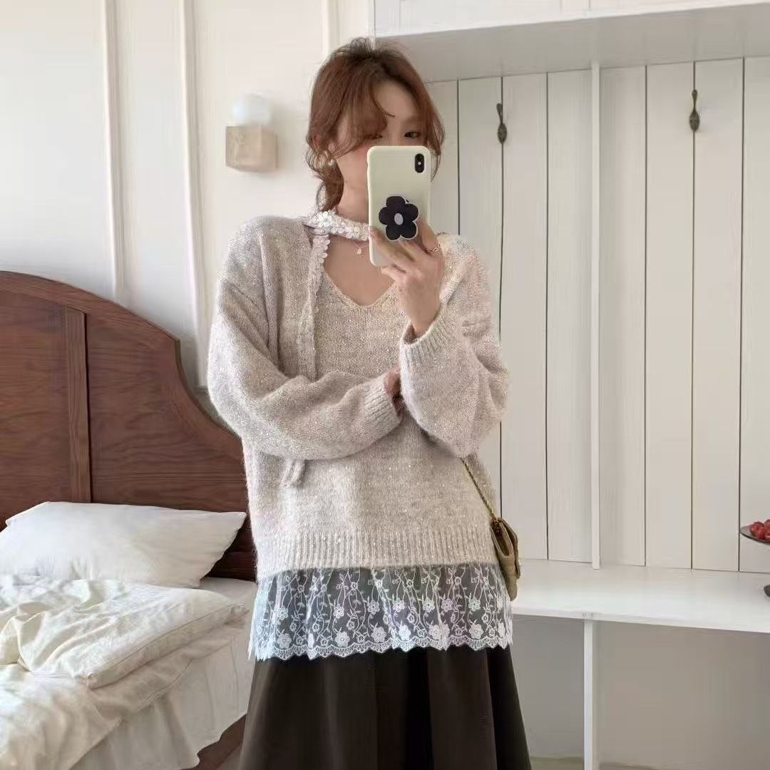 Pull en tricot cosy pour femmes avec bas en dentelle élégant Chic & Stil