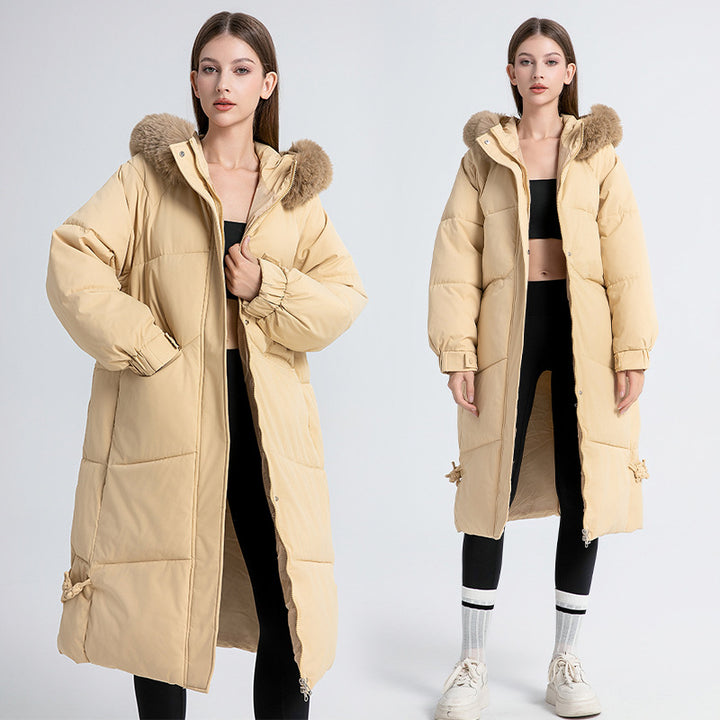 Long winter coat for women lined with removable faux fur collar and practical drawstrings Lune London
