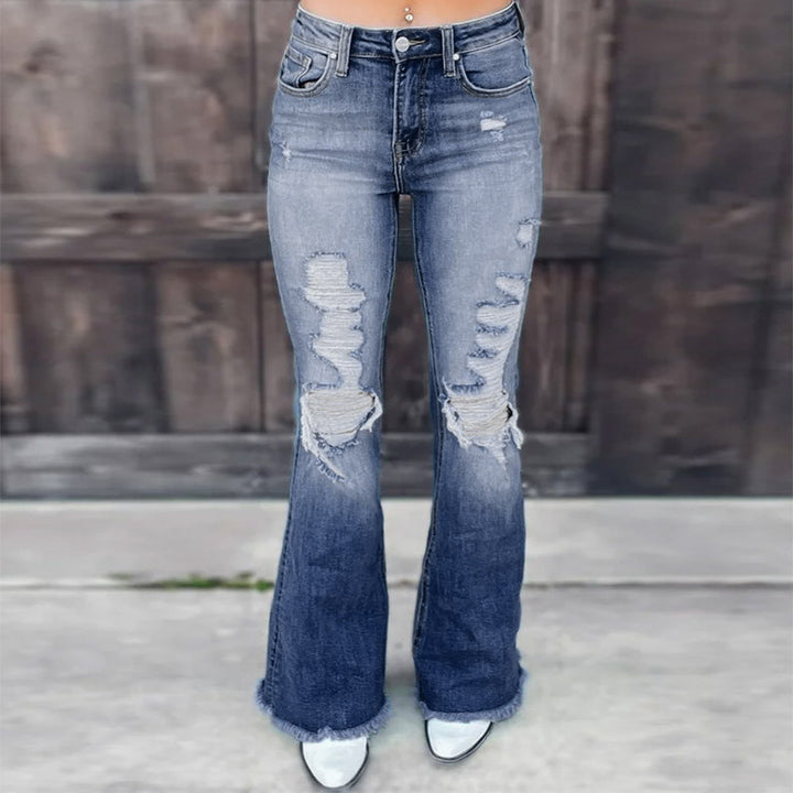 Women's flared jeans with distressed effects and frayed hem Lune London