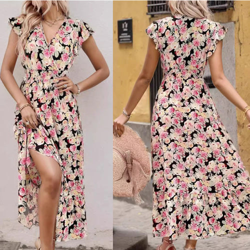 Ladies Elegant Floral High Split Maxi Dress Lune London