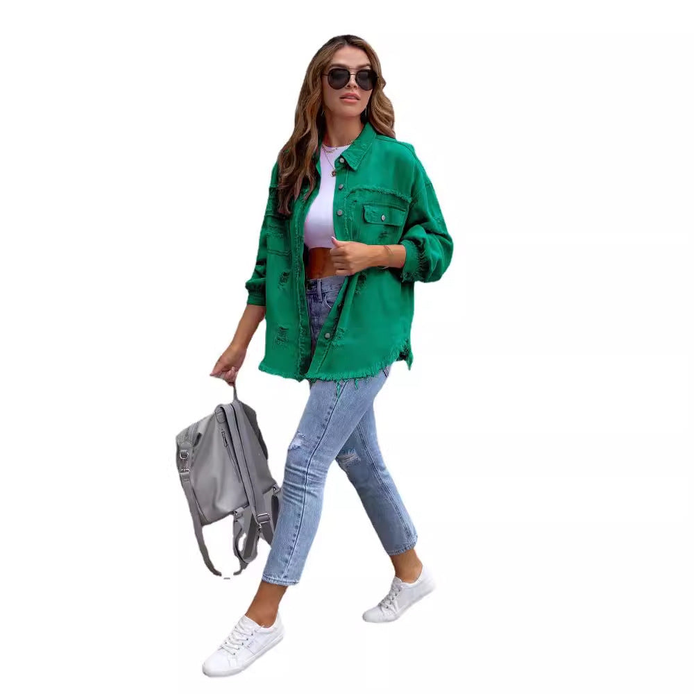 Stylish oversized denim jacket for women with distressed effect Lune London