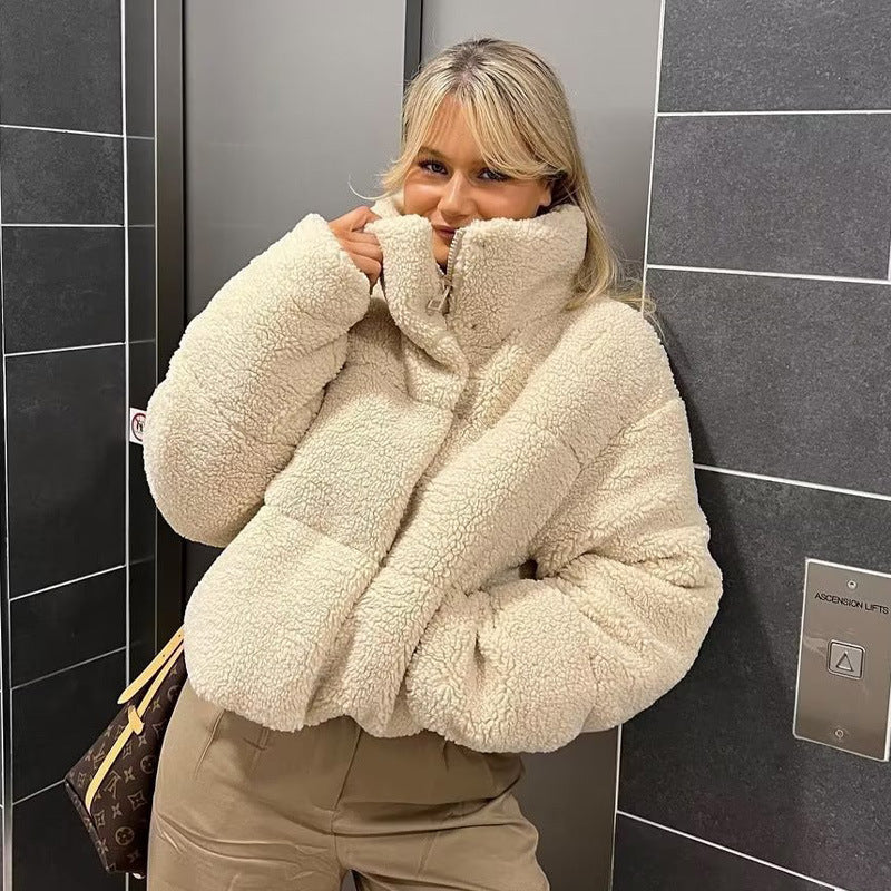 Short soft fleece jacket for women with high collar Lune London