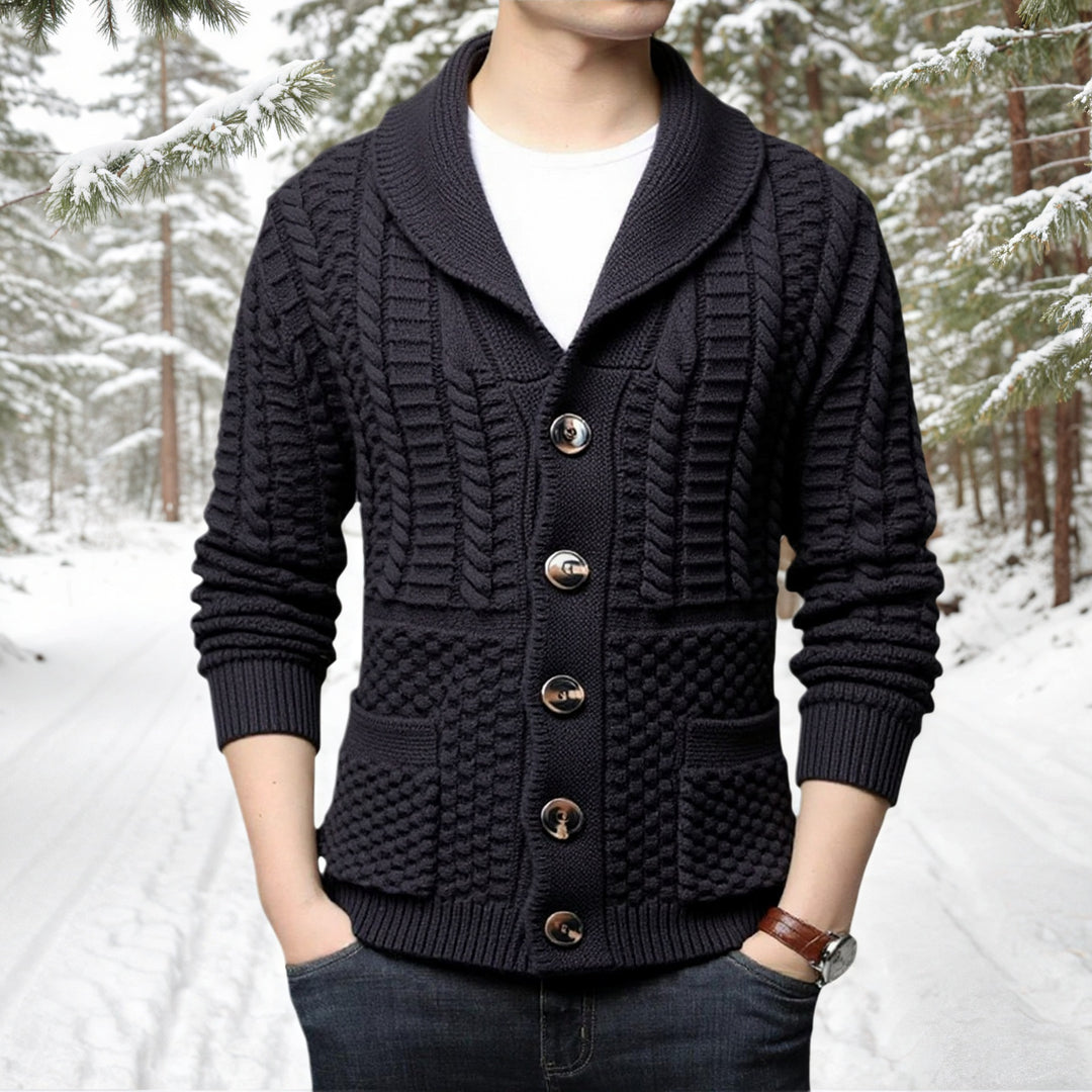 Fashionable men's knit jacket with deep V-neck and stylish braid design Lune London