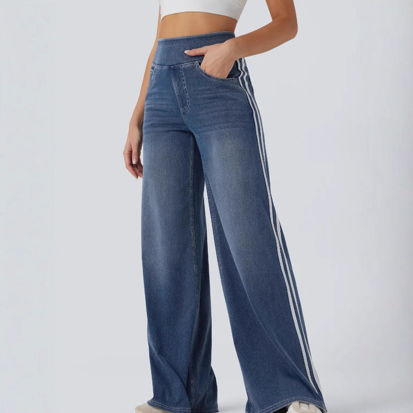 Wide denim pants for women with side stripe and high waist Lune London