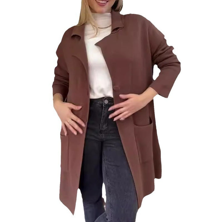 Ladies Elegant Long Coat with Side Pockets and Classic Chic Lapels