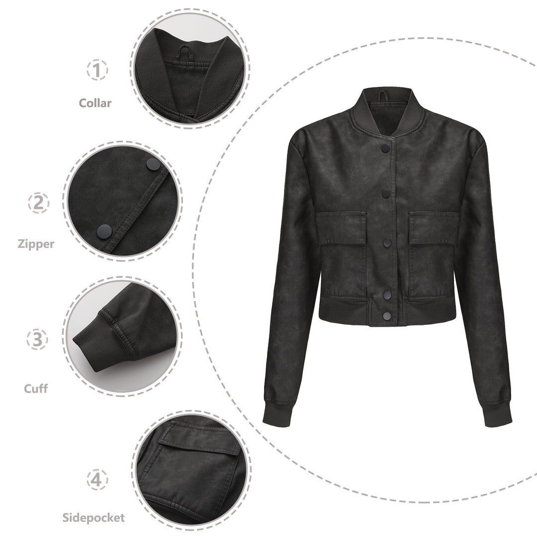 Faux leather bomber jacket for women with practical pockets and elastic cuffs Lune London