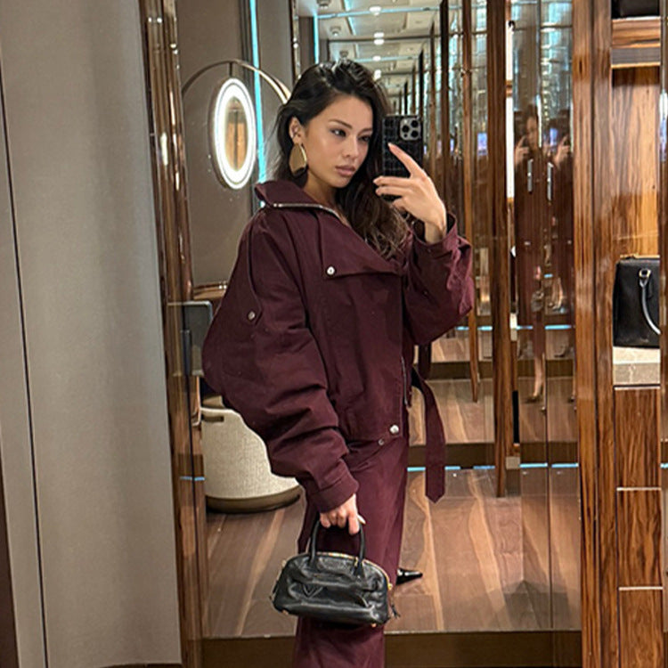 Modern oversized jacket for ladies with a high collar and a waist belt Lune London