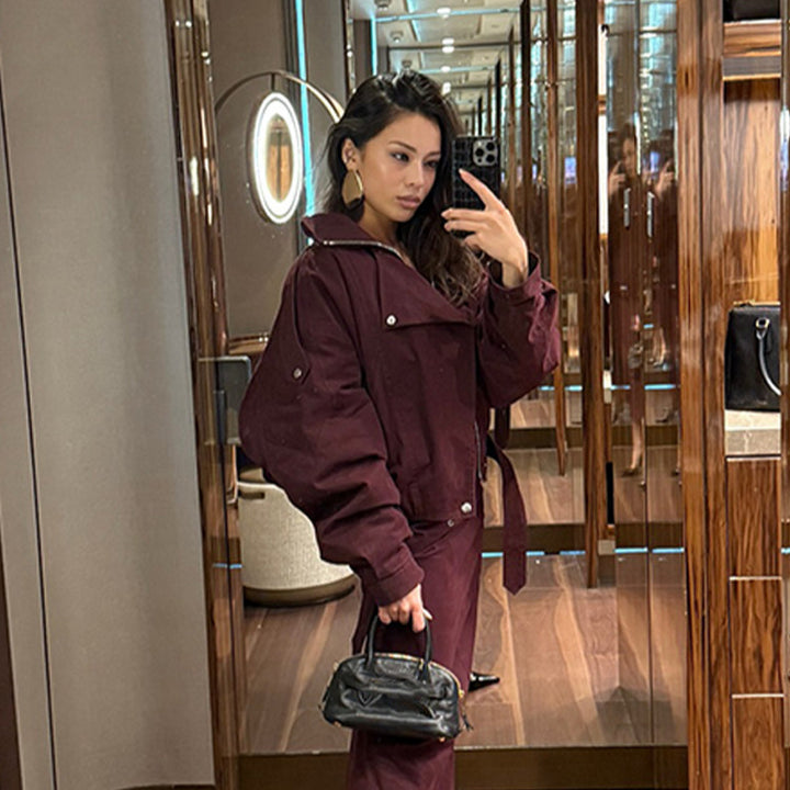 Modern oversized jacket for ladies with a high collar and a waist belt Lune London
