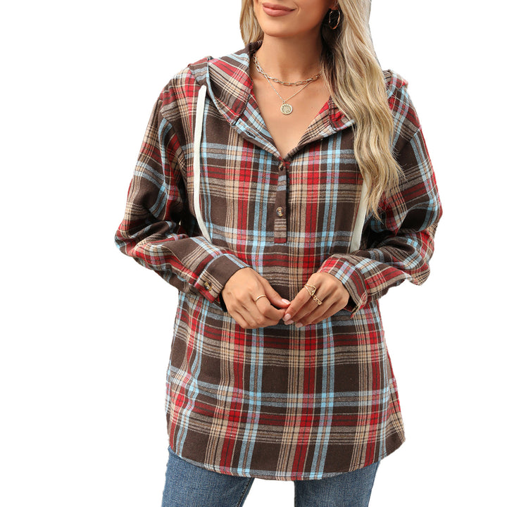 Ladies Checked Overshirt with Hood and Button Details Lune London
