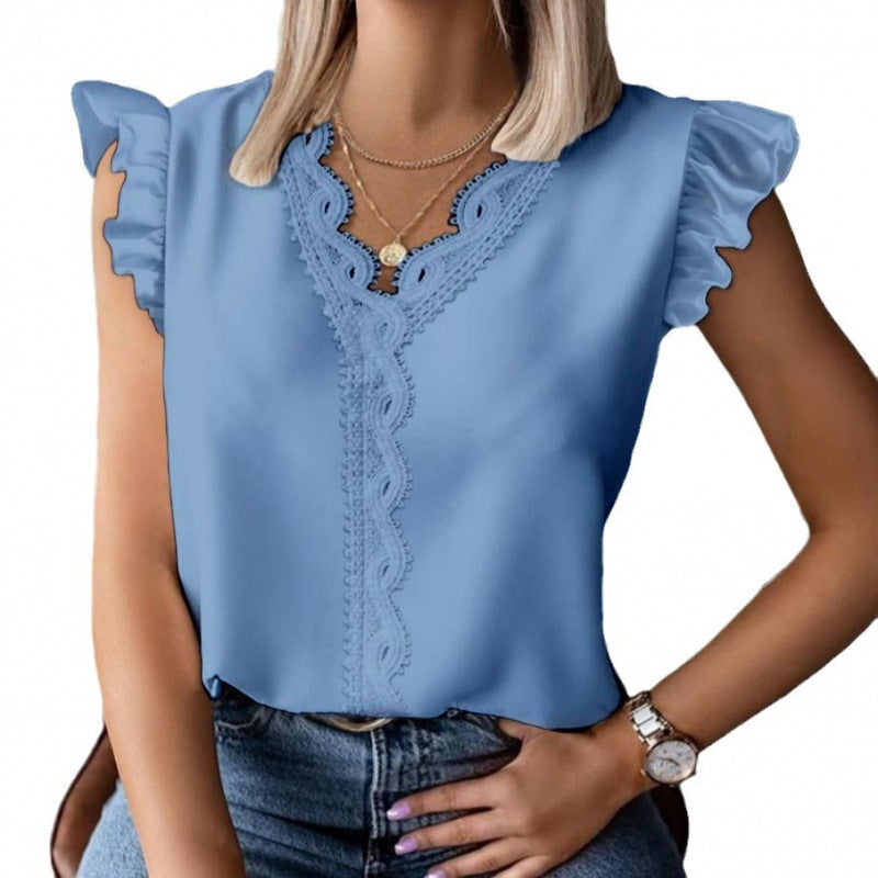 Women's blouse with ruffle details and lace appliqués Lune London