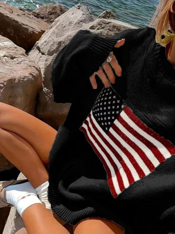Casual plush sweater for ladies with a large American flag pattern Lune London